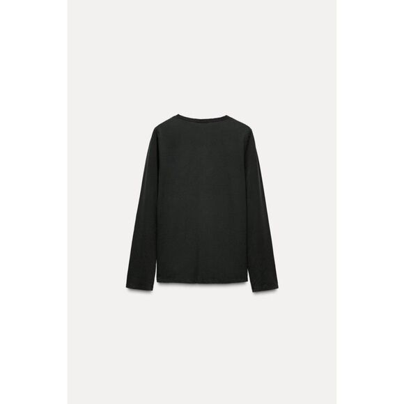 Black Zara Crew Neck Long Sleeve Pullover Basic T-Shirt Tee (NWT) - Picture 5 of 8